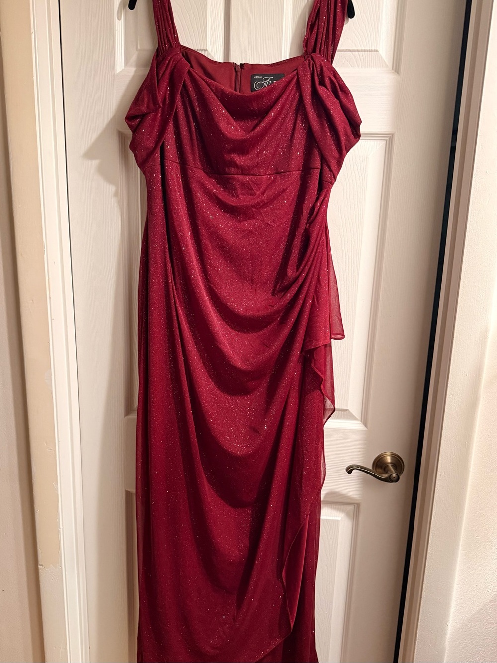Alex Evenings Burgundy Sparkle Off-Shoulder Maxi Gown - Picture 5 of 5